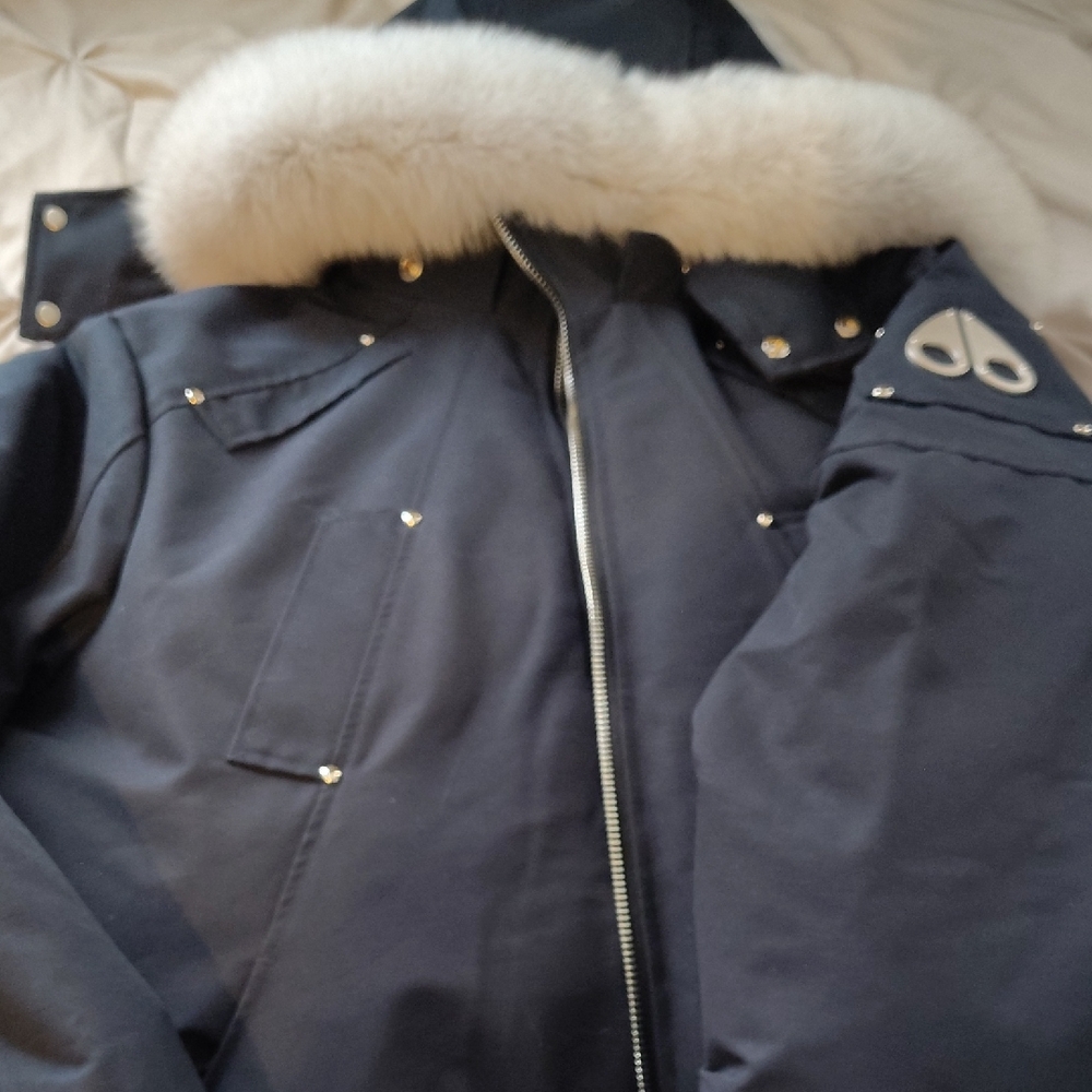 Moose Knuckles Men’s Black Parka with White Fur Hood Trim